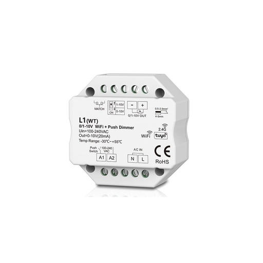 [21995-0] LEDlife rWave 1-10V Wifi indbygningsdæmper til LED - Tuya/Smart Life, RF, push-dim, 230V - indbygning