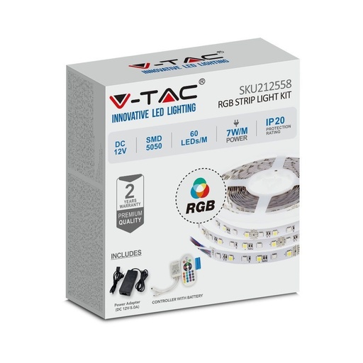 [5650-0] V-Tac 7W/m RGB LED-stripsæt - 5m, 60 LED pr. meter