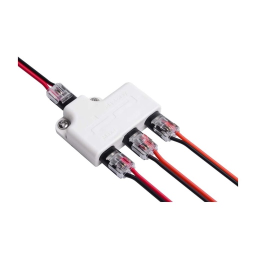 [4691-0] IDC 3-vejs splitter - IP20, 5V-36V, 6A - Strømfordeler til op til 3 enheder med beskyttelse mod støv og berøring. Kompatibel med spændinger mellem 5V og 36V og kan håndtere en strømstyrke på op til 6A.