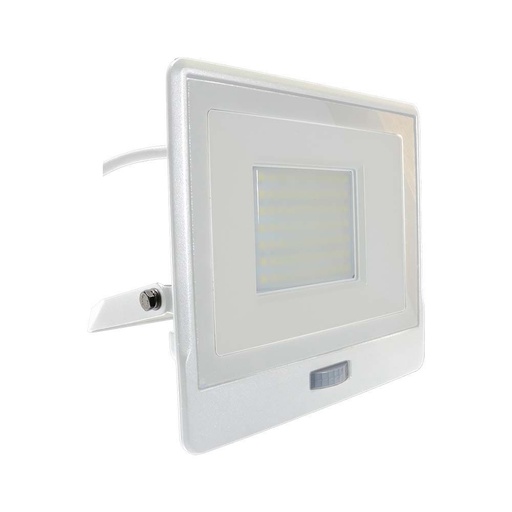[25456-17332] 50W LED projektør med PIR sensor, Samsung Chip, 1m kabel, 4000K, hvidt hus - Energibesparende belysning til udendørs områder