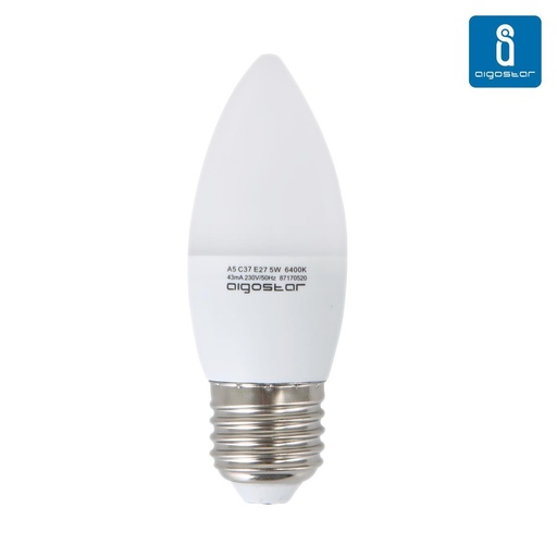 [8903-0] Aigostar E27 - 5W LED pære, A5/C37, 400 Lumen, 230V, energibesparende med 40W erstatning
