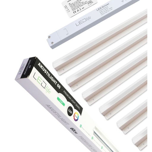 [8685-10988] Troldtekt LED Skinnesæt 6x60 cm - CCT, Planforsænket, Akustilight inkl. fjernbetjening