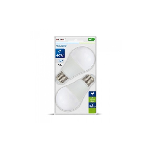 [3208-18680] V-Tac 9W LED pære - 3-trin dæmpbar, A60, on/off dæmpbar, E27 (Erstatter 60W, 806lm, RA80)