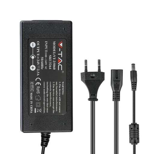 [3641-0] V-Tac 60W Strømforsyning til LED Strips - 24V DC, 2,5A, IP44 Vådrum