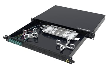 [7884129663] Fiberskuffe Multimode OM4 udtræksbar 1HE sort fuldbestykket med 6 LC Duplex adapter aqua 12 x LC Pig