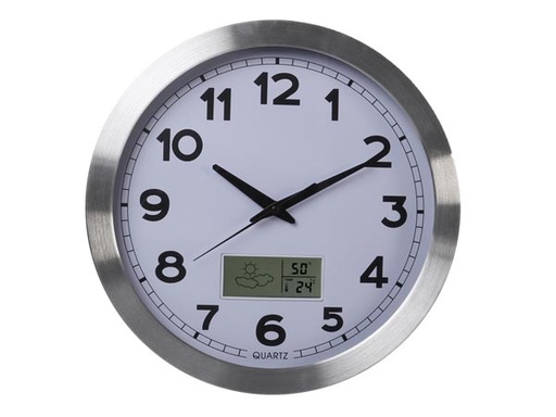 [H44623] Analog vægur m. LCD display - Termo- og hygrometer, Ø35cm