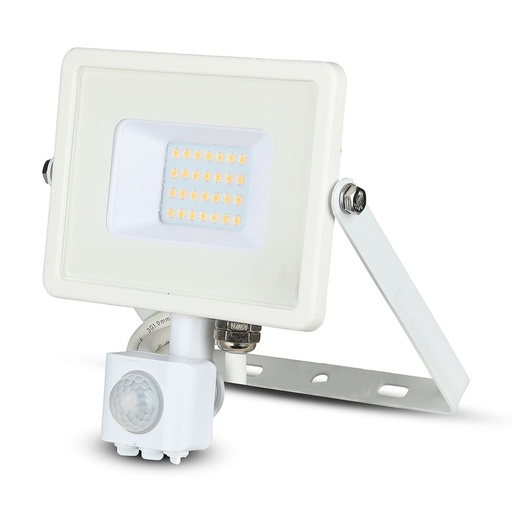 [25108-17134] 20W LED projektør med Samsung chip, PIR sensor og 3000K varm hvidt lys i hvidt hus - ideel til udendørs belysning