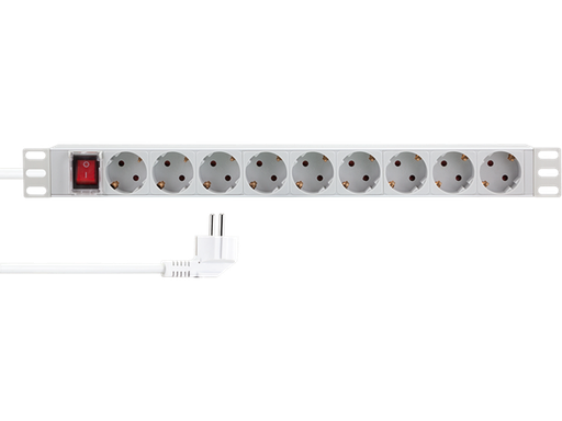 [H65220] 19" El-rackpanel - 9 x CEE7/3 hun, ON/OFF kontakt, Grå (2m)