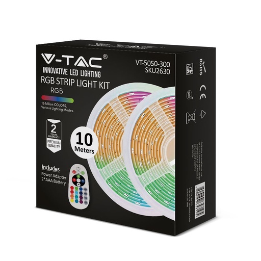 [25375-17291] 300 LED Stribelys Sæt 4.8W/m, IP20, 2x5m Rulle, RGB (EU stik)