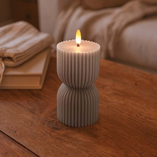 [30036-0] LED Timeglas lys med flammeeffekt, grå, 13.5cm høj, Ø7.5cm, fjernbetjening, timer, ægte stearin