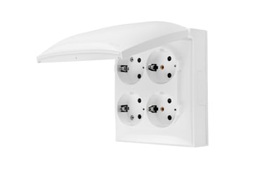 [7817207387] Simon X4 Firedobbelt Schuko-stikkontakt med sikkerhedslukkere, samme farve klap og dæksel, 16 A, 250