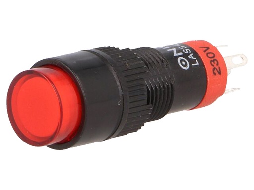 [H64623] Trykkontakt m. 230V LED lys - ON-ON 0,5A Rød (Ø10mm hul)
