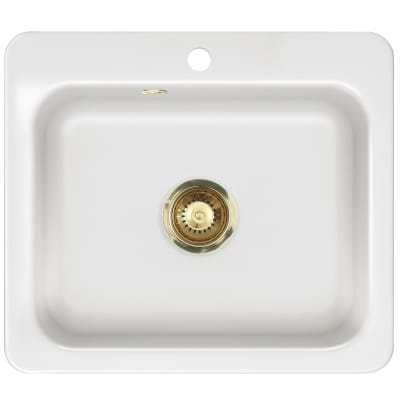 [682468150] Juna 57 keramik køkkenvask, Hvid m/PVD messing afløb