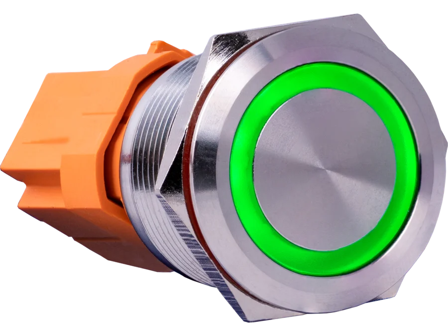 [H66806] Vandalsikret stålkontakt, 1P ON-ON, 15A, Grøn LED, Ø22mm