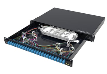 [7884129650] Fiberskuffe Singelmode G.657.A1 udtræksbar 1HE sort fuldbestykket med 24 LC Duplex adapter blå 48 x