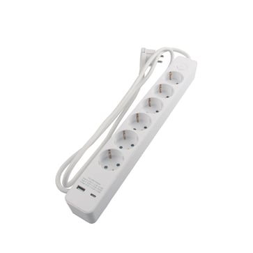 [7817207604] Stikdåse 6 udtag Schuko, m/2 x USB, 1,5m Hvid