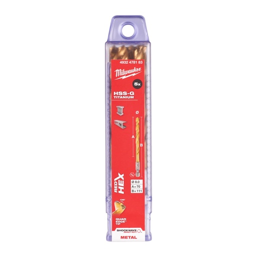 [881423998] Milwaukee HSS-G TIN Shockwave metalbor, 1/4" HEX, 8,0 mm, 5 stk.