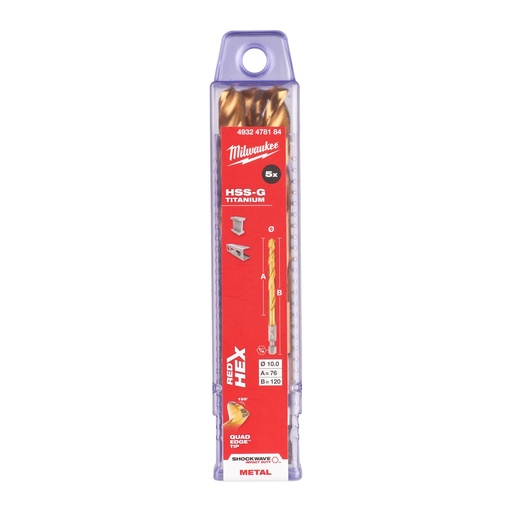 [881423999] Milwaukee HSS-G TIN Shockwave metalbor 1/4" HEX, 10,0 mm, 5 stk.