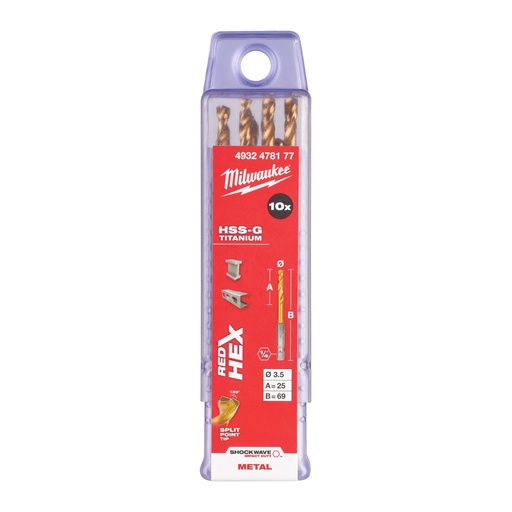 [881423992] Milwaukee HSS-G TIN Shockwave metalbor 1/4" HEX, 3,5 mm, 10 stk.
