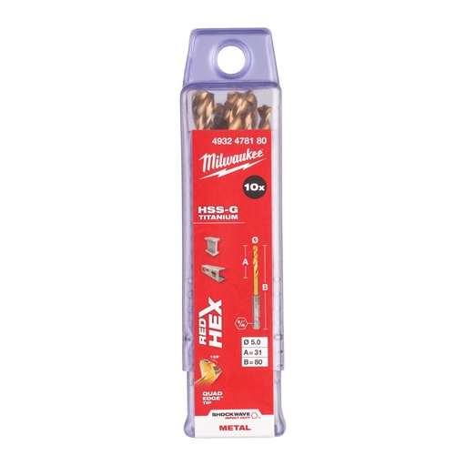 [881423995] Milwaukee HSS-G TIN Shockwave metalbor 1/4" HEX, 5,0 mm, 10 stk.