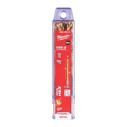 [881423996] Milwaukee HSS-G TIN Shockwave metalbor 1/4" HEX, 6,0 mm, 10 stk.