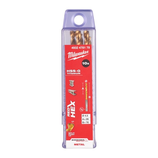 [881423994] Milwaukee HSS-G TIN Shockwave metalbor 1/4" HEX, 4,5 mm, 10 stk.