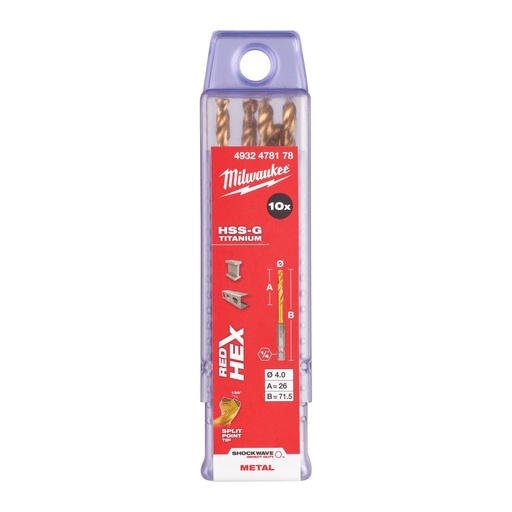[881423993] Milwaukee HSS-G TIN Shockwave metalbor 1/4" HEX, 4,0 mm, 10 stk.