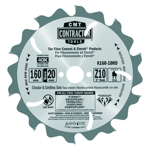 [853027375] CMT Contractor PCD rundsavklinge, Ø160/20 mm, 10 td.