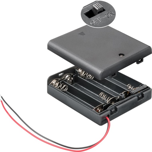 [H10388] Batteriholder til 4xAA bat. m. afbryder, Sort (m. ledn.)