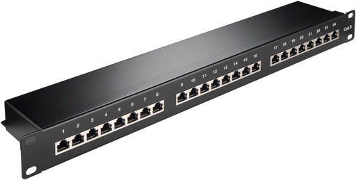 [H33066] 19" Patch panel - 1U, 24 x RJ45 CAT6 skærmet, Sort