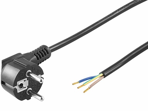 [H38847] Strømkabel - CEE7/7 90° > løs ende, 3x0,75mm², Sort (2m)