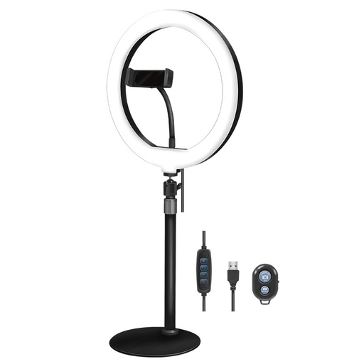 [H60299] Smartphone holder med ringlys, fjernstyring - Ø25cm, Sort