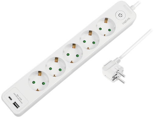 [H63909] Stikdåse - 5 x CEE7/3 hun, USB-A+C, m. kontakt, Hvid (1,5m)