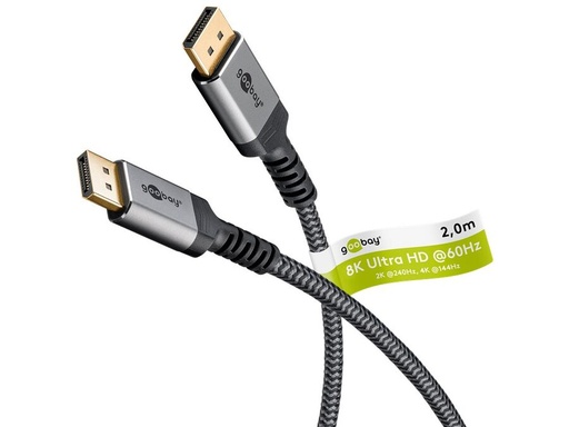 [H63756] DisplayPort 1.4 tekstilkabel, 2m (sort/sølv)
