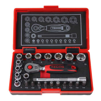 [881702625] Topnøglesæt Tecos T-0623M, 1/4", 4-13 mm, finmekaniker, 24 dele