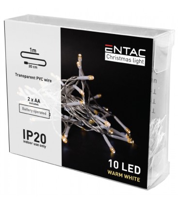 [3505] 1 meter indendørs LED julelyskæde - Batteri, 10 LED, varm hvid