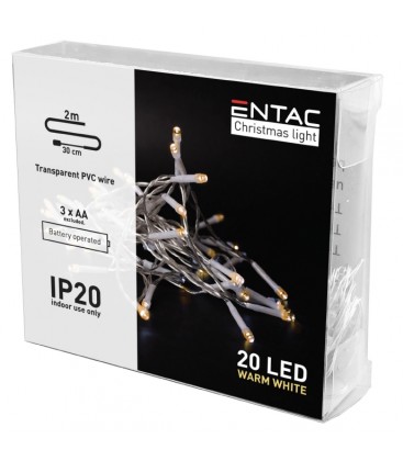[3509] 2 meter indendørs LED julelyskæde - Batteri, 20 LED, varm hvid