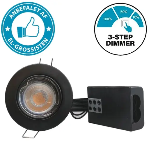 [9584454133] Pro indbygningsspot m. 3-Trins dæmpbar LED pære 3000K - Mat sort