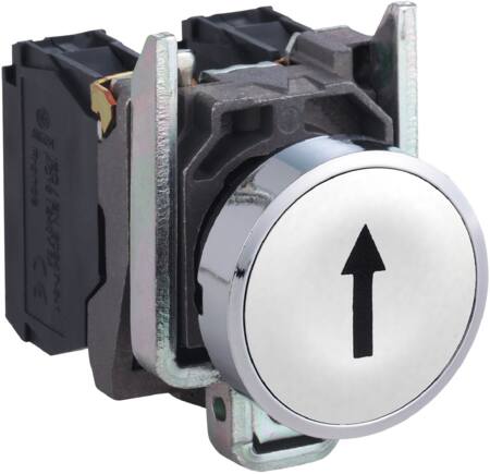 [7517800916] Harmony trykknap komplet med fjeder-retur og plan trykflade i hvid farve med sort pil 1xNO XB4BA3341