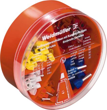 [7921041044] Terminalrør sortiment boks dobbelterminaler 0,5mm2-2,5mm2 Weidmuller farvekode 250 STK ZH-BOX 0,5-2,