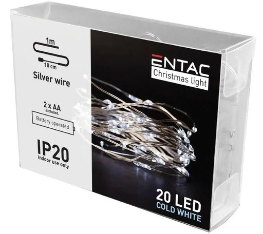 [JUL3512] 1 m. kold hvid LED julelyskæde - 20 LED, indendørs, batteri