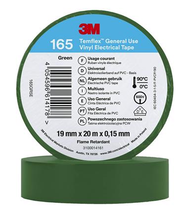 [8739100354] 3MTM TemflexTM el vinyltape 165 Grøn 19 mm x 20 m 100 rl/pk
