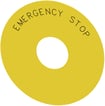 [7818229225] Rund bagplade til nødstop paddehatte trykknap gul selvklæbende med engelsk tekst, EMERGENCY STOP