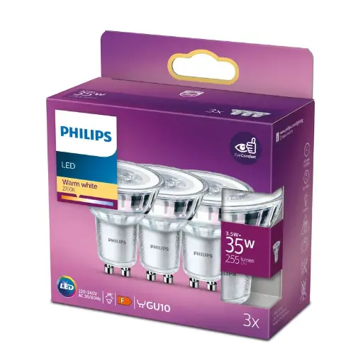 [SIG929001217856] Philips LED 3,5W (35W) GU10 2700K 255lm 3-pak