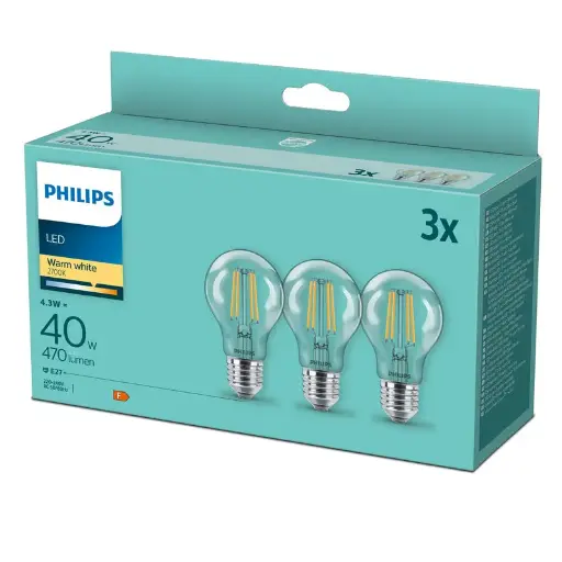 [SIG929001890033] Philips LED 4,3W (40W) E27 2700K 470lm 3-pak