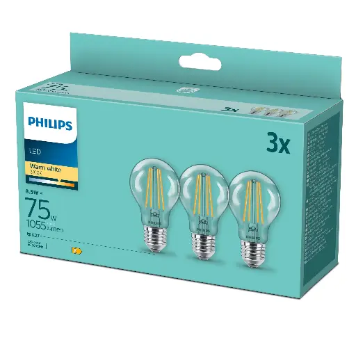 [SIG929002025493] Philips LED 8,5W (75W) E27 2700K 1055lm 3-pak