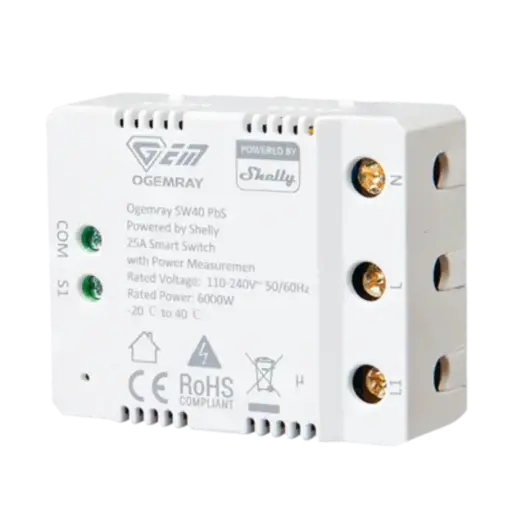 [7822623668] Ogemray Smart relay 25A - 1 faset smart relæ med effektmåling - Powered By Shelly