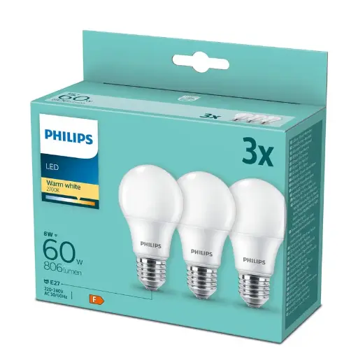 [SIG929002306203] Philips LED 8W (60W) E27 2700K 806lm Mat 3-pak