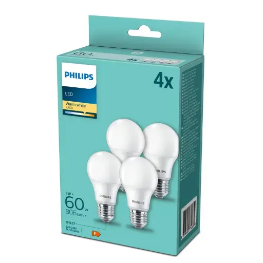 [SIG929002306204] Philips LED 8W (60W) E27 2700K 806lm Mat 4-pak
