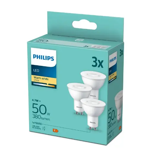 [SIG929003038633] Philips LED 4,7W (50W) GU10 2700K 380lm 3-pak